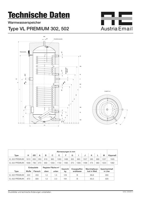 Technische-Details-Austria-Email-VL302 Austria Email VLA 302 Solar  Warmwasserspeicher Premium,Solarspeicher Technische Daten