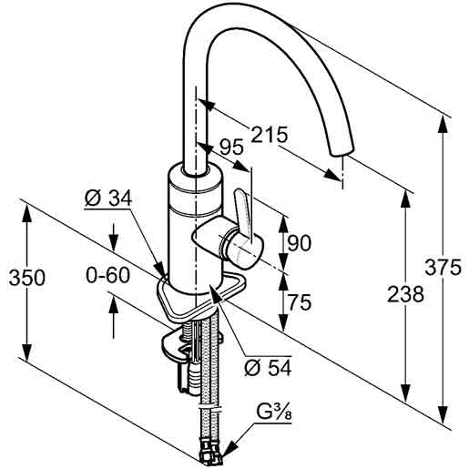 Kludi-42210-Massskizze Kludi E-Go elektronische Küchenarmatur Mischer 42210 Maßblatt