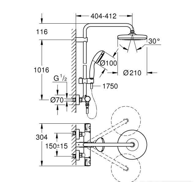 Grohe-Duschsystem-Massskizze Grohe Duschsystem 210 Maßskizze