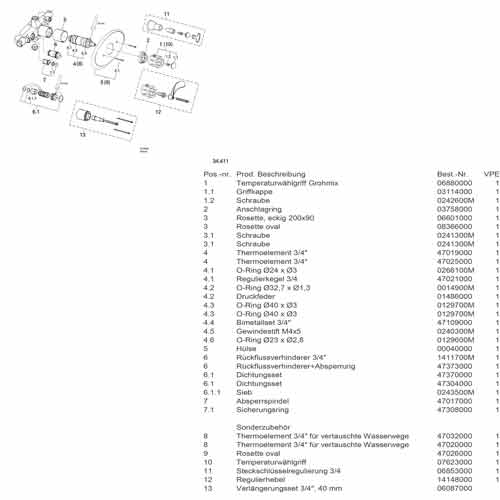 Grohe34411 Grohe Explosionszeichnung zu 34411 Grohterrn Unterputz Thermostat