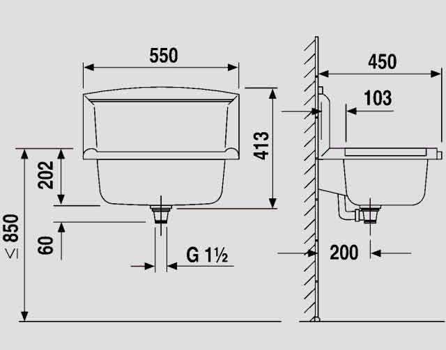 Abu-Multifunktionsbecken-Massskizze Abu Multifunktionsbecken Kunststoff granit mit Rückwand Maßskizze