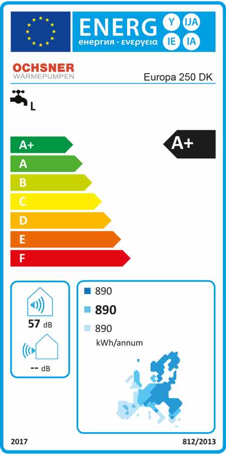 OEURO250D_EL-1 Ochsner Brauchwasserwärmepumpe mit Register Europa 250 DK Energielabel