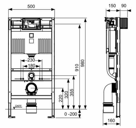 Tece-WC-Modul-980-mm-Masse TECE Montagegestell für Wand WC 980 mm Abmessungen