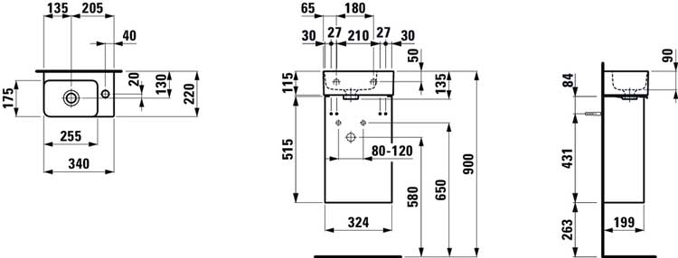 Laufen-VAL-Set-Base-Abmessungen Laufen Val Waschtisch 340 mm mit Unterbau Abmessungen