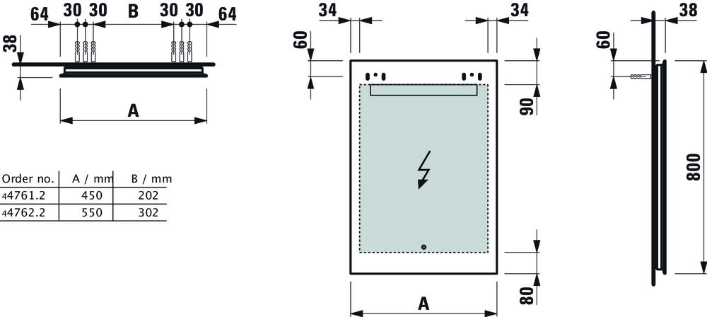 Laufen-Leelo-4761-2-und-4762-2-Abmessungen Laufen Leelo Spiegel 450 mm - 550 mm mit Led mit Touch-Sensor mit Abmessungen
