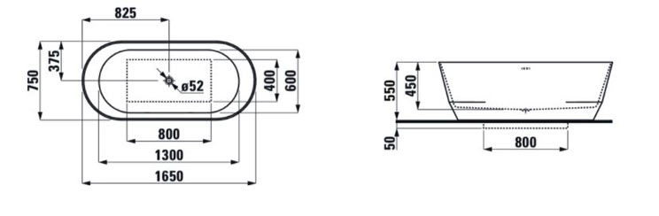 Laufen-Pro-freistehende-Badewanne-aus-Marbond-1650-mm-Abmessungen Laufen Pro Badewanne freistehend 1650 mm mit Abmessungen