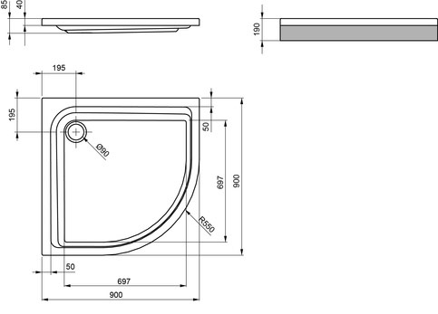 Brausetasse-One-rund-900X900X65-M Viertelkreisbrausetasse  One superflach