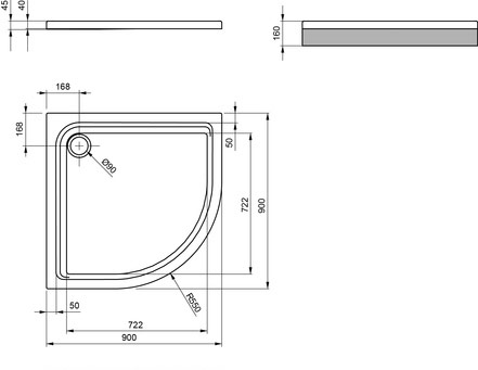 Brausetasse-One-rund-900X900X25M Viertelkreisbrausetasse 900  One extraflach